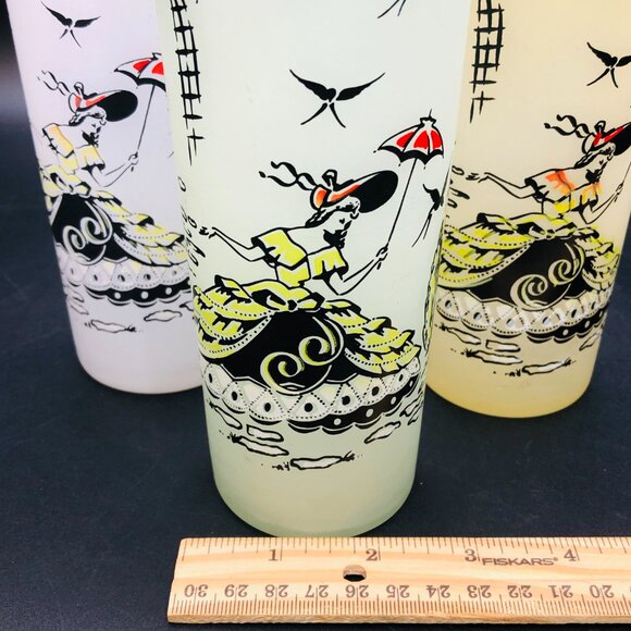 60s Southern Belle Tom Collins Cocktail Glass Set of 3 Frosted Highball Tumblers - Picture 12 of 13